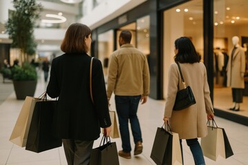 Shoppers strolling with bags.