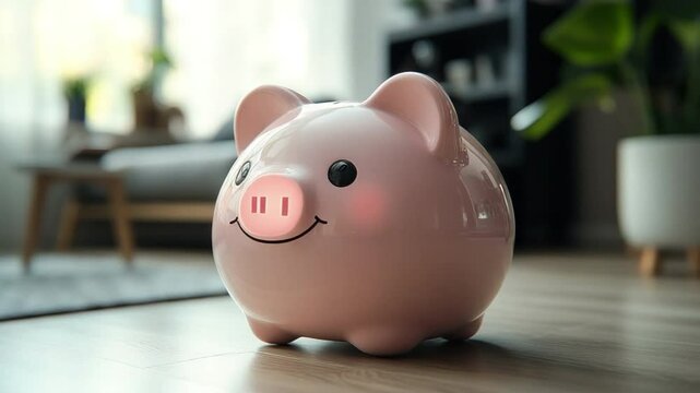Pink Piggy Bank:  A pink piggy bank sits on a wooden floor, reminding us of the importance of saving for the future.  The soft focus of the background suggests a sense of home and comfort.