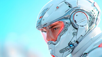 Close Up Portrait of a Person in a Futuristic White and Red Helmet Against a Blue Sky