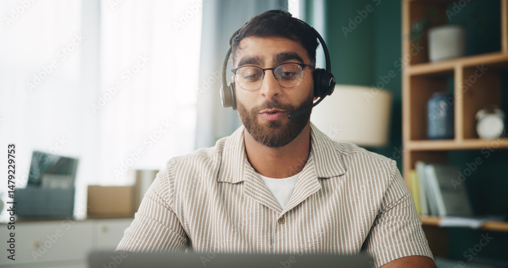 Aufkleber home, man and laptop for remote work in customer service, it or tech support. agent, headset or help