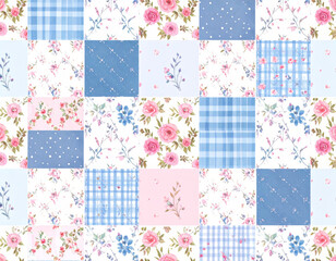 Beautiful floral patchwork design featuring mix of blue and pink squares, adorned with roses and delicate patterns, creating charming and vintage aesthetic