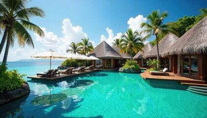 Luxury umbrella resort, thatched roofs, turquoise water, tropical paradise , relaxation, island