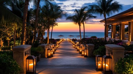 Elegant beachfront pathway with lanterns, tropical flora, and luxury resort atmosphere