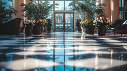 Elegant hotel entrance with fresh floral arrangements, modern lounge chairs, and natural light