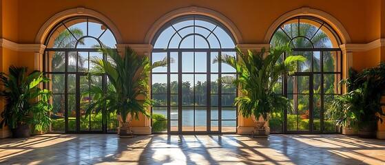 Sunlit indoor patio with large arch windows