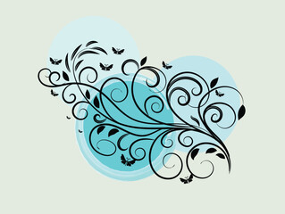 Elegant Black Floral Design with Butterflies on a Light Blue Background