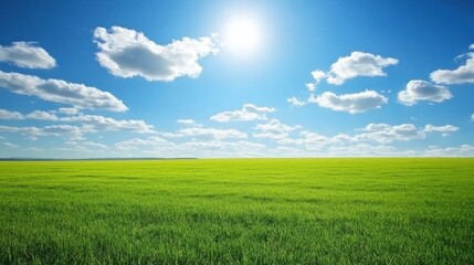 Lush Green Field Under Bright Blue Sky with Fluffy White Clouds
