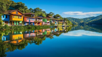 Vibrant colorful houses mirrored on a serene lake
