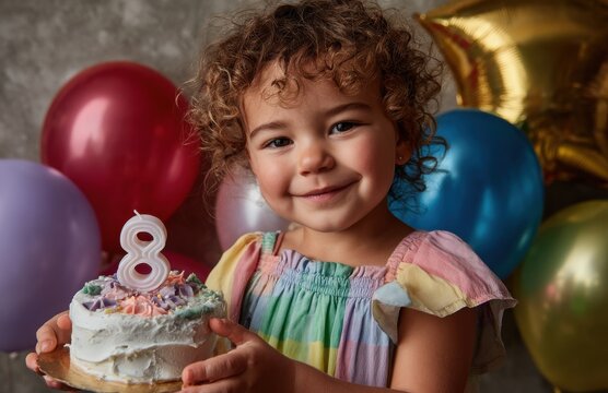 Smiling girl celebrating eighth birthday with cake and balloons