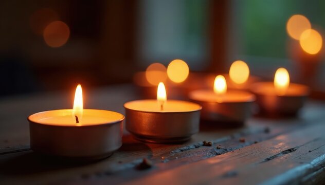 Several votive candles burning, creating a warm glow , wax, home decor