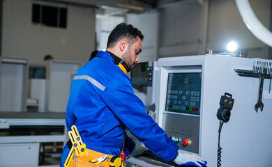 Fototapeta premium Modern industrial machine operator working in industrial factory.