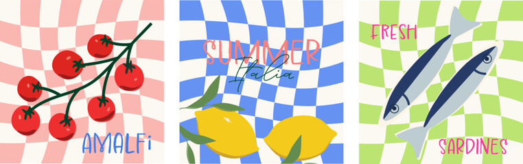 Modern abstract summer poster in sketch doodle style with hand drawn. Trendy design for cards, wall art, ads, print, decor, branding. Amalfi, Italian sea coast hand drawn icons. Summer sea vacation. © AYSIA