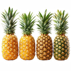 Fototapeta premium Four ripe pineapples in a row on white background. Golden and green spiky crowns with textured skin. Freshness and tropical abundance. For food ads, menus, and packaging.