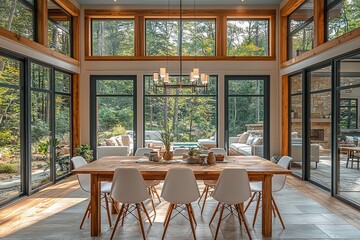 Obraz premium Front view of a dining room with large windows, wooden table, white chairs, chandelier, glass sliding doors, light blue ceiling, and natural lighting.