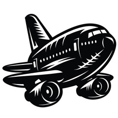Stylized Black and White Passenger Airplane Illustration with Bold Outlines and Graphics