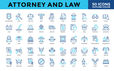 Attorney and Law icons set with law enforcement, gavel, justice scale, pillars, freedom, stamp, courtroom, footprint, handcuff, research icon. Simple outline color vector 
