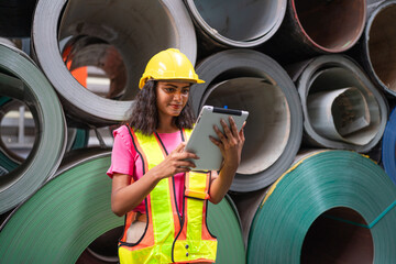 Industrial woman engineer wear uniform checking system machine at factory.