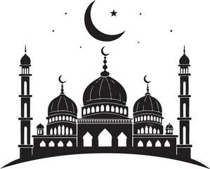 Islamic Mosque Silhouette with Crescent Moon &ndash; Ramadan and Eid Victor Illustration