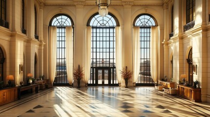 Obraz premium High-ceiling luxury lobby space with floor-to-ceiling drapes and custom interior decor