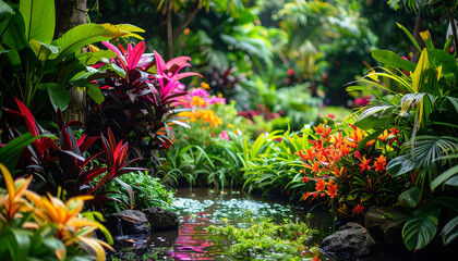 Lush tropical garden with vibrant orchids and dense foliage
