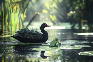 Common Moorhen swimming among lily pads in a tranquil wetland setting at sunrise, Common Moorhen Gallinula chloropus In the wild