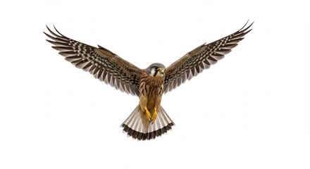 Fototapeta premium Majestic falcon gracefully soars against bright white background showcasing detailed plumage.. AI Generated