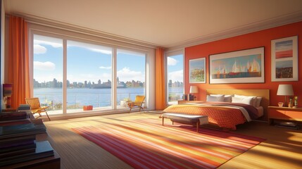 Fototapeta premium interior of a bedroom, An ultra-realistic image of a modern bedroom featuring Scandinavian style interior design.