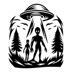 Alien Arrival in the Forest with UFO, Two Aliens, and Trees