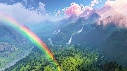 A vibrant rainbow arches over a lush green valley surrounded by majestic mountains and cascading waterfalls