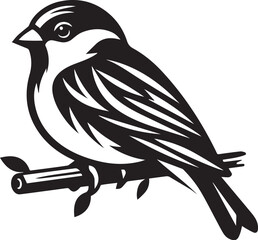 Minimalist black and white vector icon of a sparrow in side profile featuring clean lines simple design and isolated silhouette on a transparent or white background