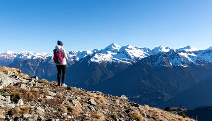 Fototapeta premium A woman stands triumphantly on a rugged mountain peak, her arms raised in celebration, surrounded by breathtaking panoramic views of distant valleys and clouds.