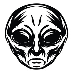 Stylized Black and White Alien Head Depiction with Large Empty Eyes