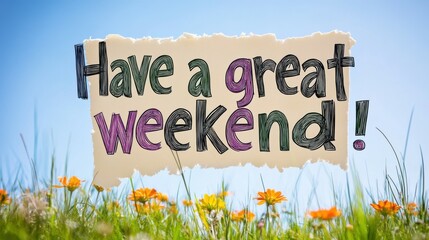 "Have a great weekend!" written in colorful markers on a torn piece of paper, surrounded by wildflowers and grass, under a clear blue sky.