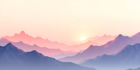 Obraz premium Landscape illustration of blue and pink mountains at sunrise ideal for decor, nature art, and digital backdrops