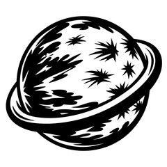 Monochrome Illustration of a Fantasy Planet with Stars and Ring System © Tanjila