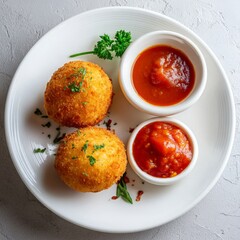 Crispy golden-brown fried balls served with rich tomato sauce and herb garnish on a white plate, perfect for appetizers or snack ideas for food lovers.
