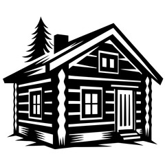 Black and white silhouette of a traditional log cabin in the woods