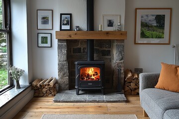 Fototapeta premium Wood-burning stove in the corner of a living room with light wood floor, white walls, framed pictures, and garden view through the window.