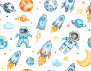 Colorful space themed watercolor illustration featuring rockets, planets, stars, and astronauts, creating whimsical and adventurous atmosphere. Perfect for children decor or educational materials