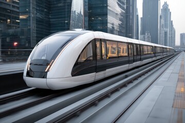 Naklejka premium High-tech transport pod cruising along a futuristic rail, designed for fast urban travel.