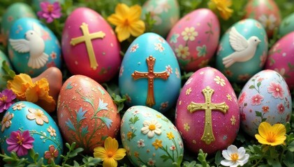 A colorful array of Easter eggs decorated with Christian symbols, including crosses and doves , easter eggs design, detail