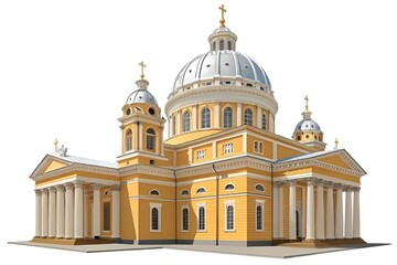 Fototapeta premium Stylized Yellow Cathedral with Silver Dome and Ornate Details on White Background