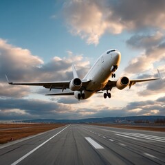 Airplane Taking Off Against a Dramatic Sky at Sunset Over a Cloudy Horizon with Runway in the Foreground Capturing Motion and Adventure in Travel