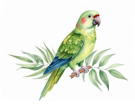 watercolor illustration of parrot perched branch surrounded by green leaves. parrot features mix of green and blue feathers, with distinctive red marking its face, conveying lively