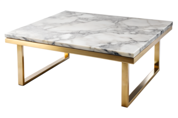 Modern square table with marble top and gold frame isolated on transparent background.