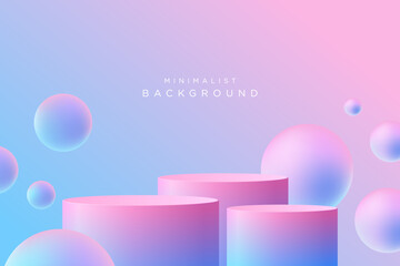 Background Concept. Realistic 3D minimalist mockup pedestal 3 podium and bubble ball color Pink and Blue. Abstract stand product, display presentation, Stage for showcase. Vector