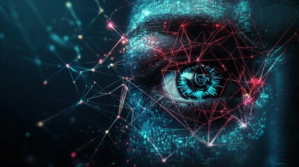 Close-up of a human eye with digital network and futuristic geometric overlay representing technology and artificial ligence concepts