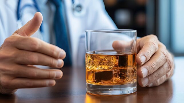 A doctor talks to a patient about the dangers of alcohol, showing statistics. 