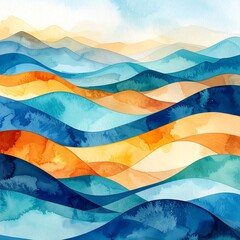 A vibrant watercolor abstract background featuring soft, flowing waves in shades of blue and green, with majestic mountains rising in the distance.