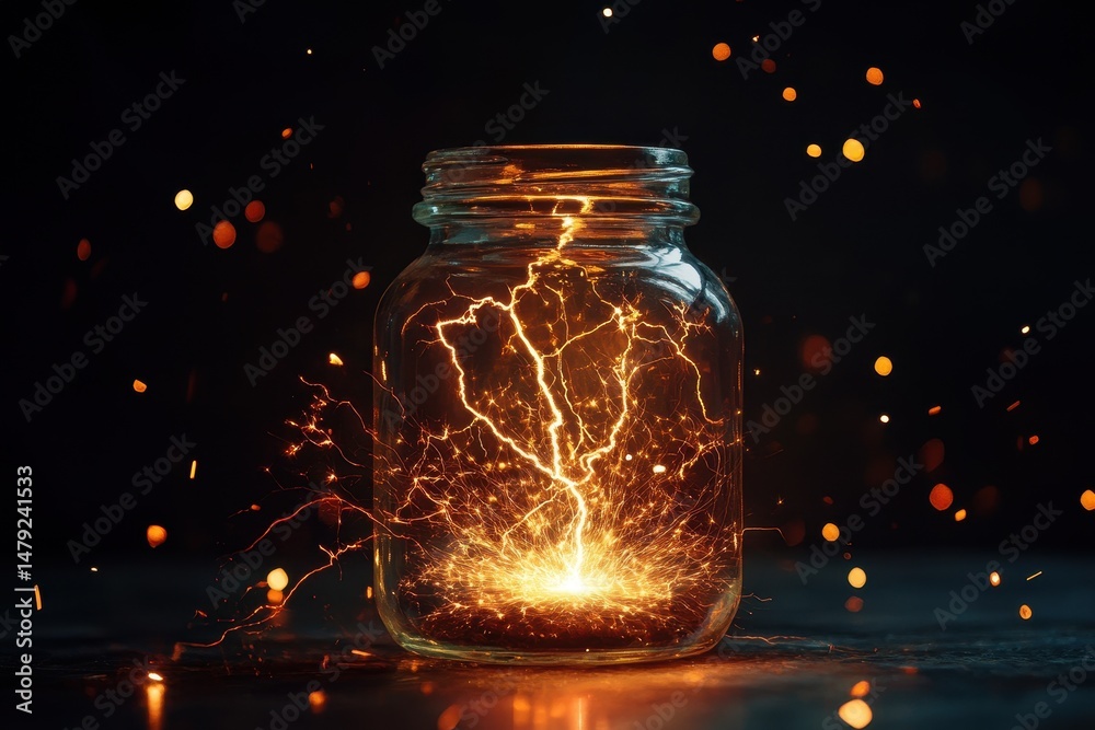 Poster captivating jar showcases electric sparks and lightning strikes in vibrant display of energy, jar co